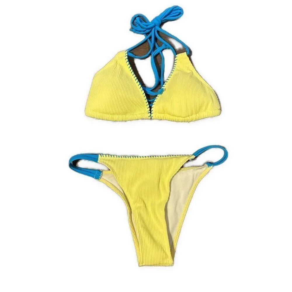 Womens Yellow Blue Ribbed Padded Bikini Medium